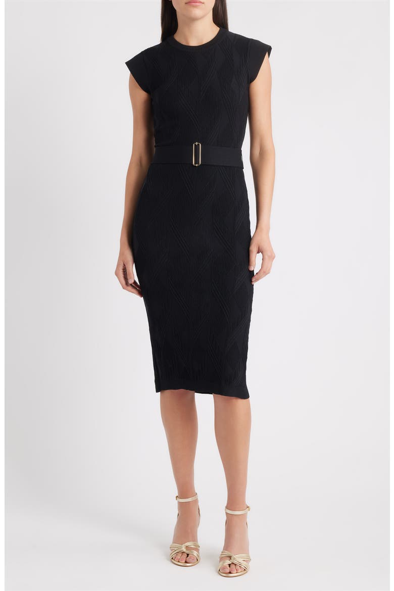 Belted Knit Sheath Dress, Main, color, BLACK