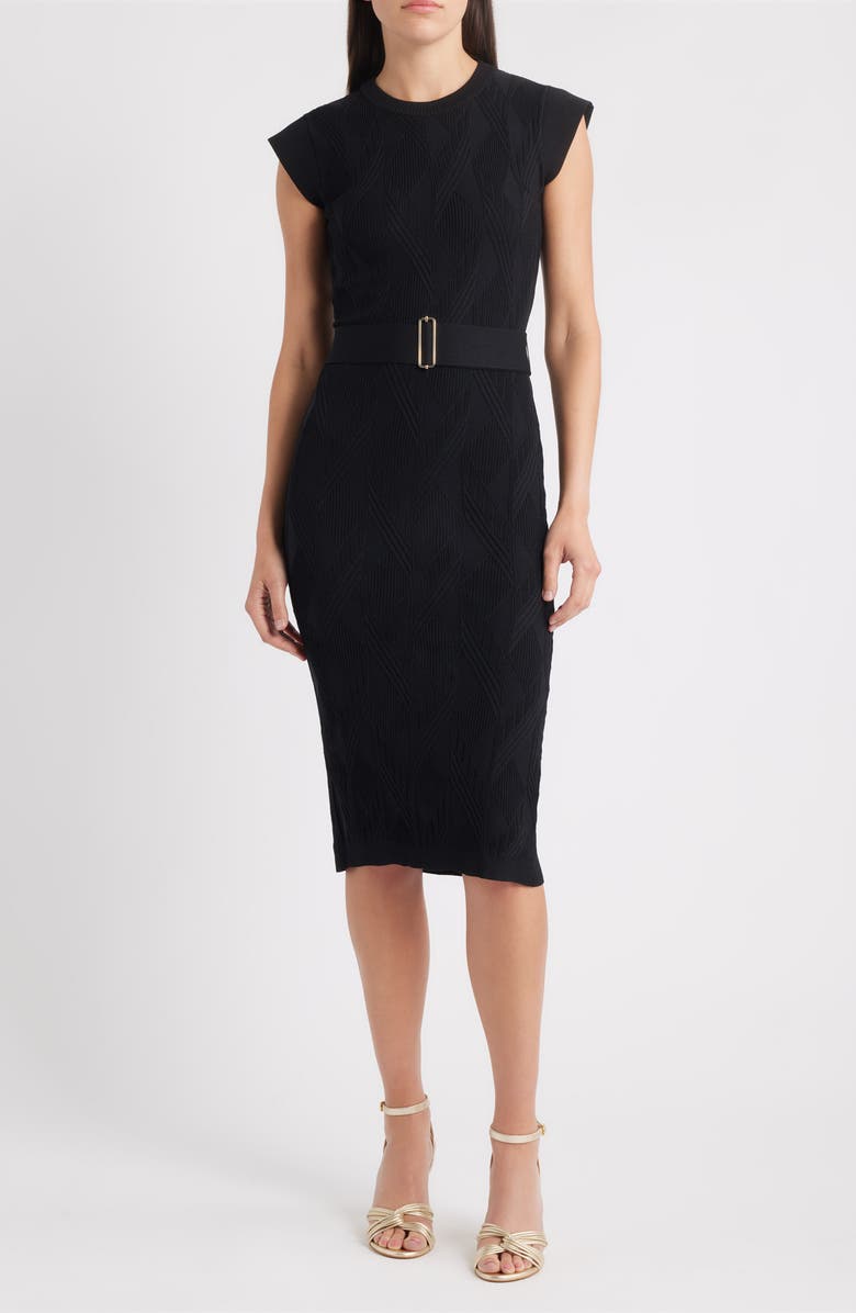 Vince Camuto Belted Knit Sheath Dress, Main, color, Black