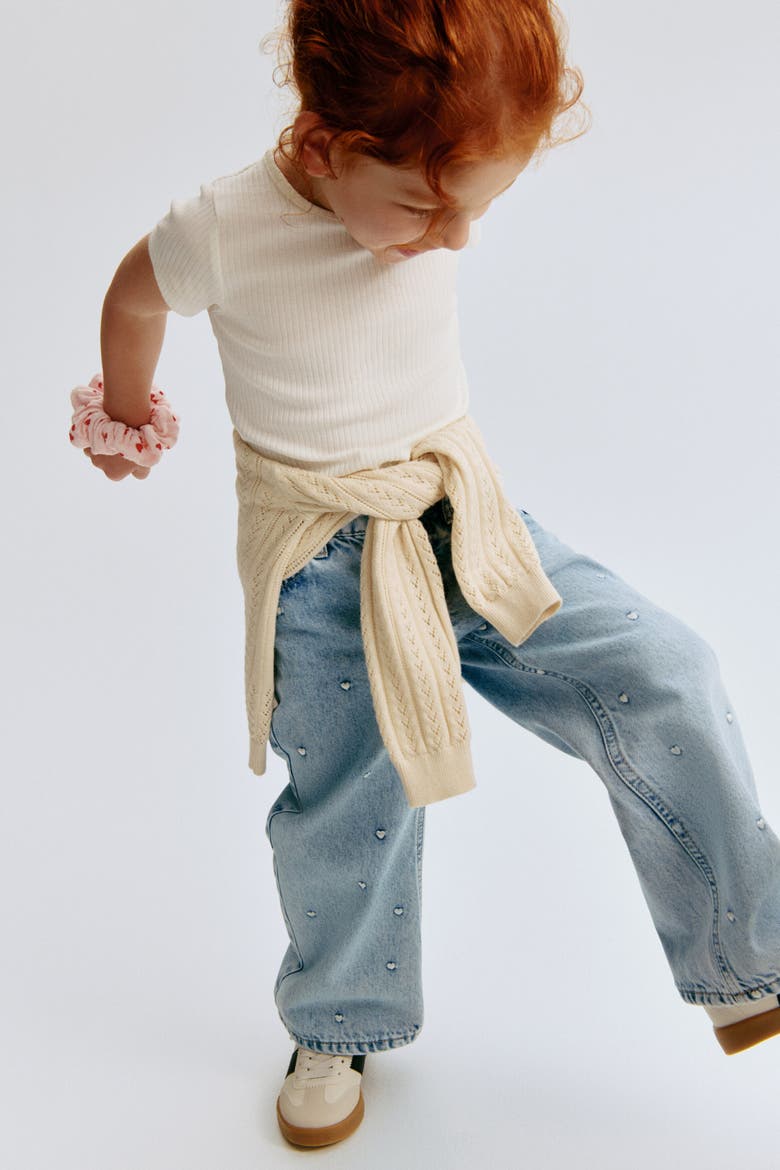 Wide-leg Jeans With Motif, Alternate, color, Light denim blue/hearts