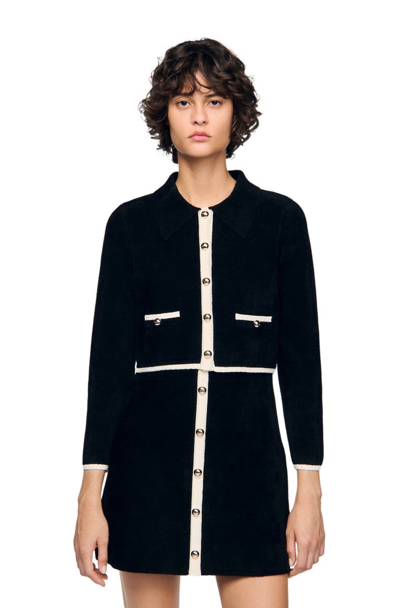 SANDRO Two-tone shirt collar cardigan, Main, color, Black