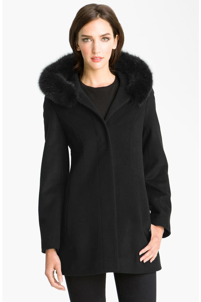 Genuine Fox Trim Hooded Coat, Main, color, BLACK