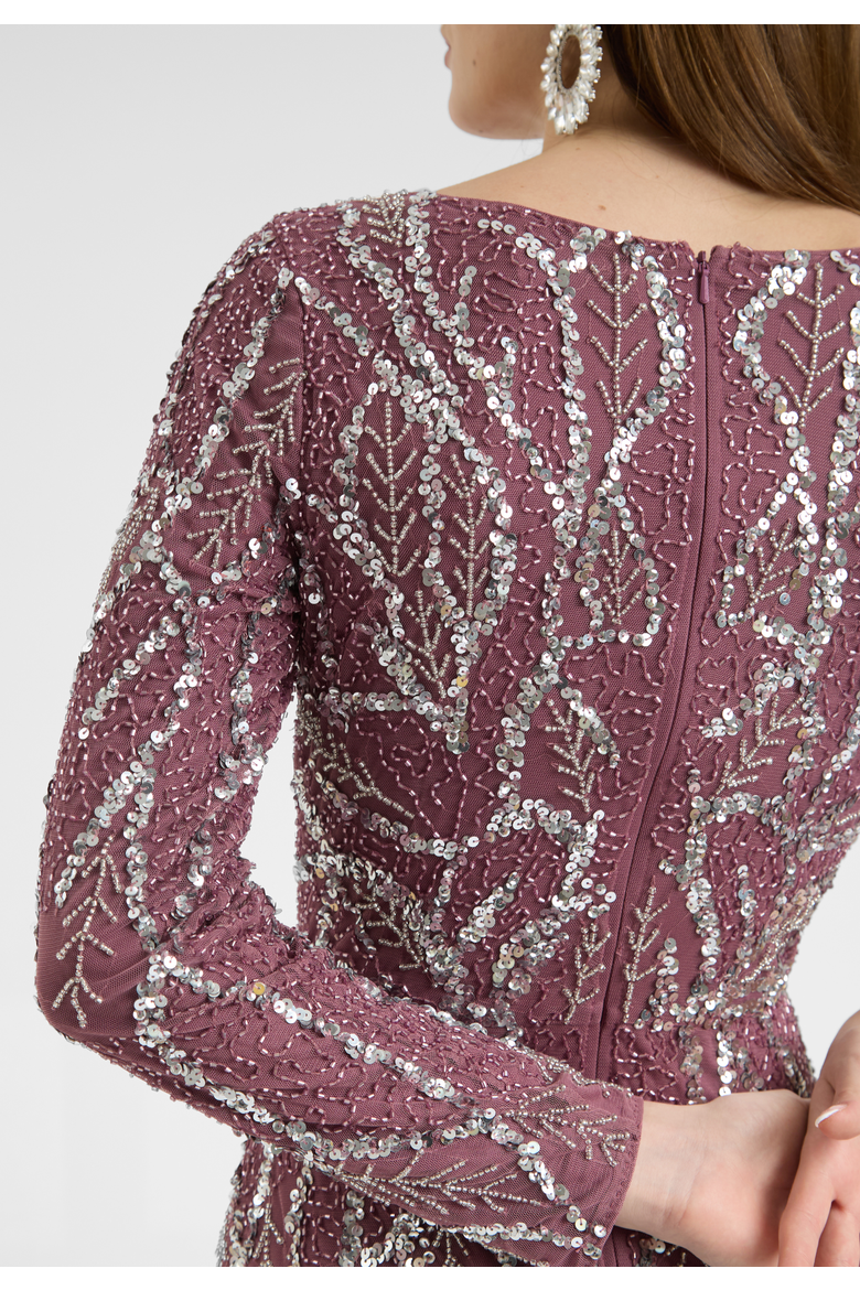 Modest Embellished Sequin Beaded Dress Maxi With A Line Bottom, Alternate, color, MAUVE