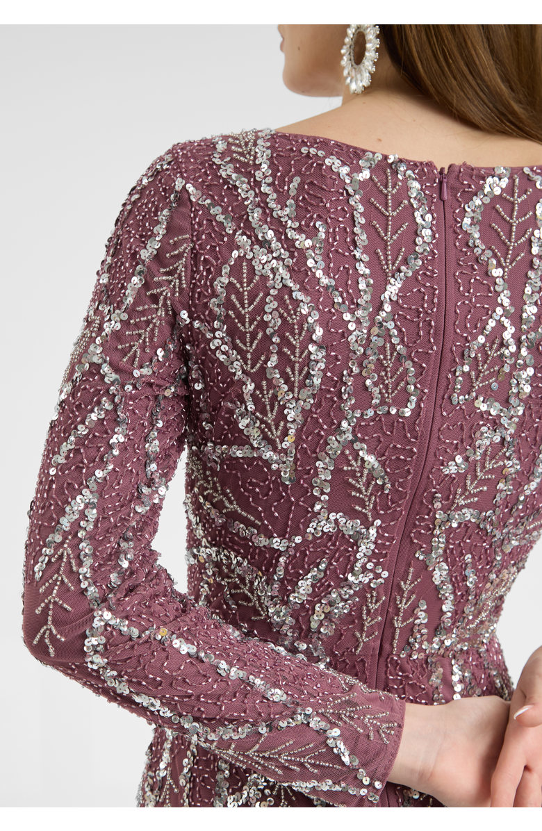 MARYISA Modest Embellished Sequin Beaded Dress Maxi With A Line Bottom, Alternate, color, Mauve