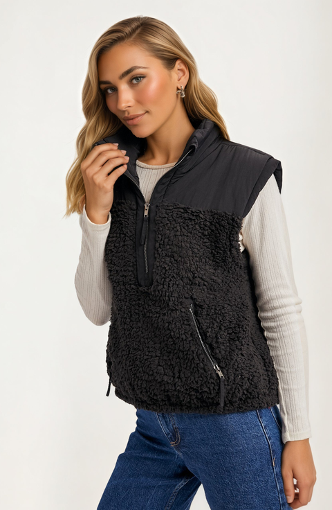 Textured Zip Vest with Quilted Detail and Pockets