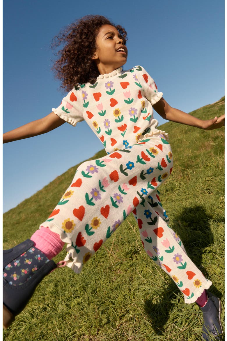 Kids' Floral Jacquard Cotton Knit Pants, Alternate, color, ECRU MARL SUNFLOWER GARDEN