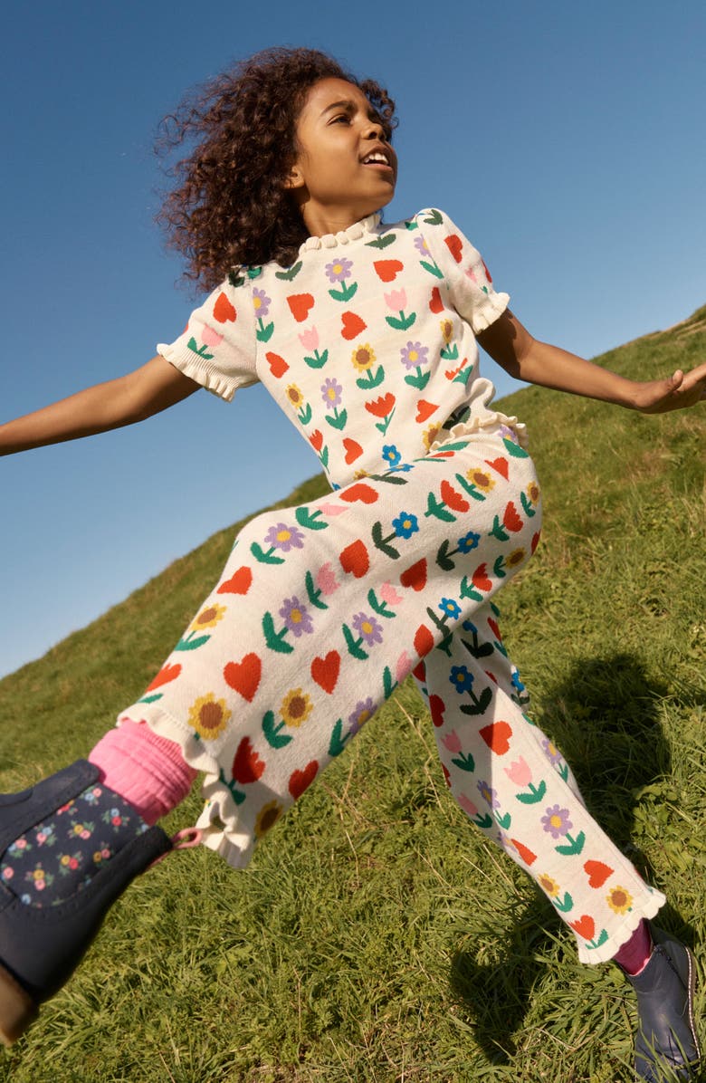 Mini Boden Kids' Floral Jacquard Cotton Knit Pants, Alternate, color, Ecru Marl Sunflower Garden