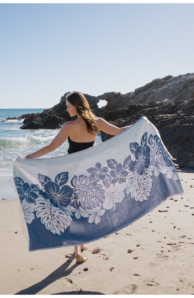 InfuseZen Hibiscus Flower Sand Resistant Organic Turkish Towel, Alternate, color, Navy