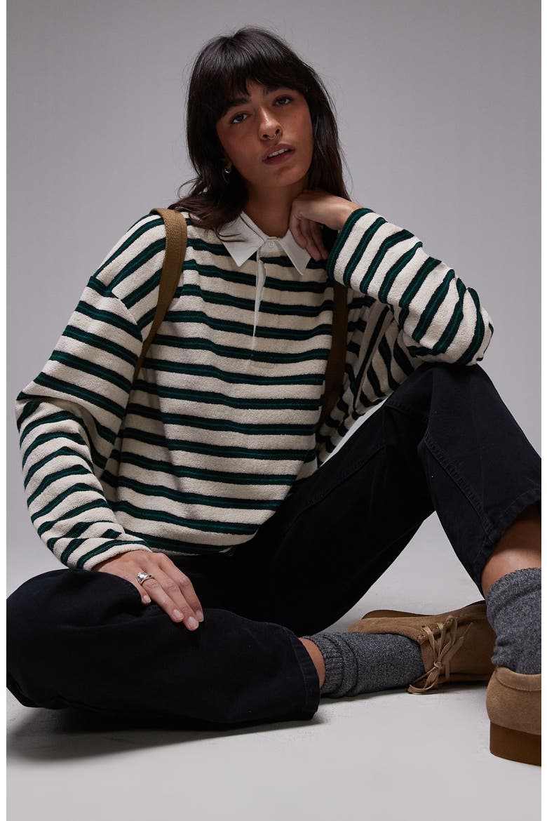 Stripe Long Sleeve Terry Cloth Polo, Main, color, ECRU MULTI