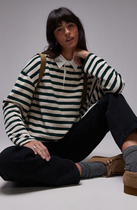 Stripe Long Sleeve Terry Cloth Polo
