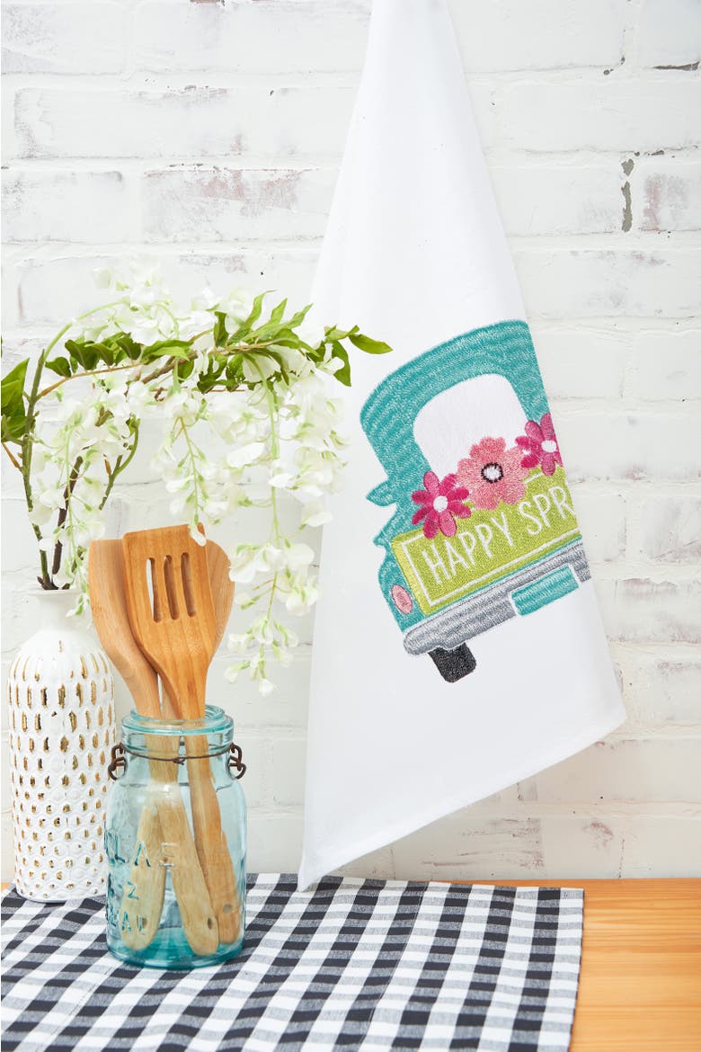 "Happy Spring" Pickup Truck Easter Spring Theme Flour Sack Kitchen Dishtowel, Alternate, color, White