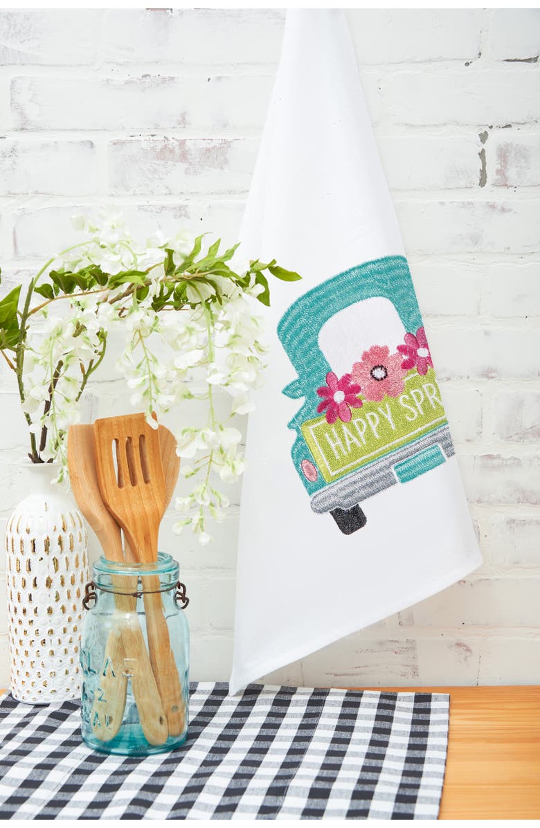 C&F Home "Happy Spring" Pickup Truck Easter Spring Theme Flour Sack Kitchen Dishtowel, Alternate, color, White