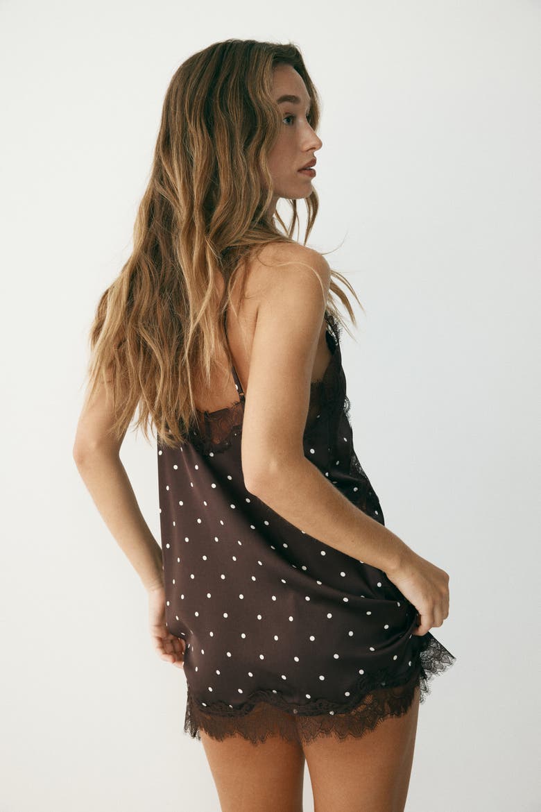Lace-trimmed Satin Nightgown, Alternate, color, Dark brown/polka dot