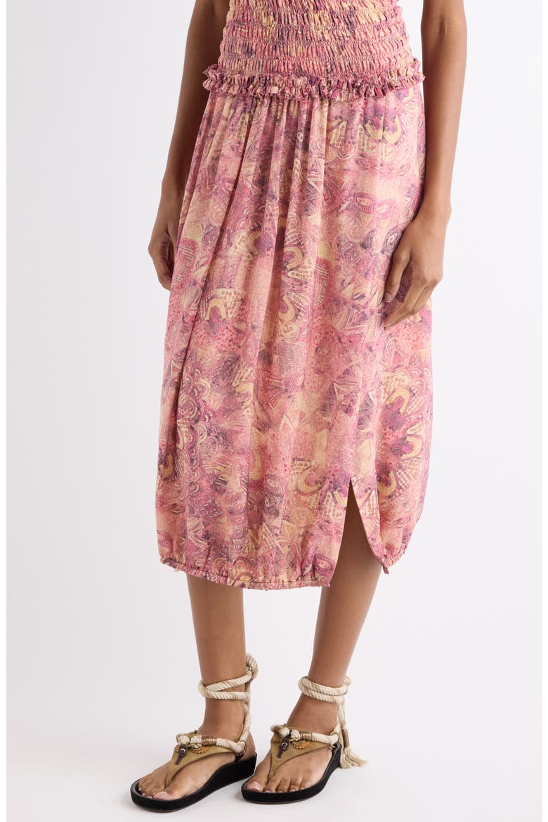 Cleane Print Smocked Strapless Silk Midi Dress, Alternate, color, PINK