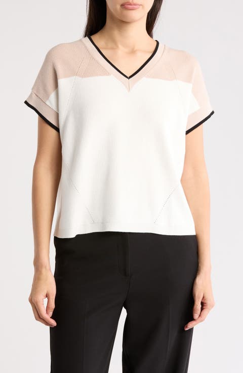 Colorblock V-Neck Short Sleeve Sweater