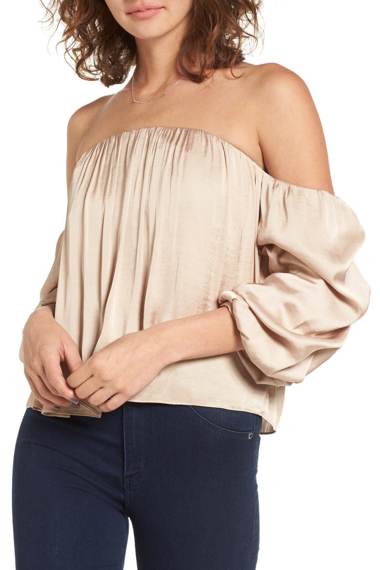 Gathered Satin Off-the-Shoulder Top, Main, color, TAN WARM