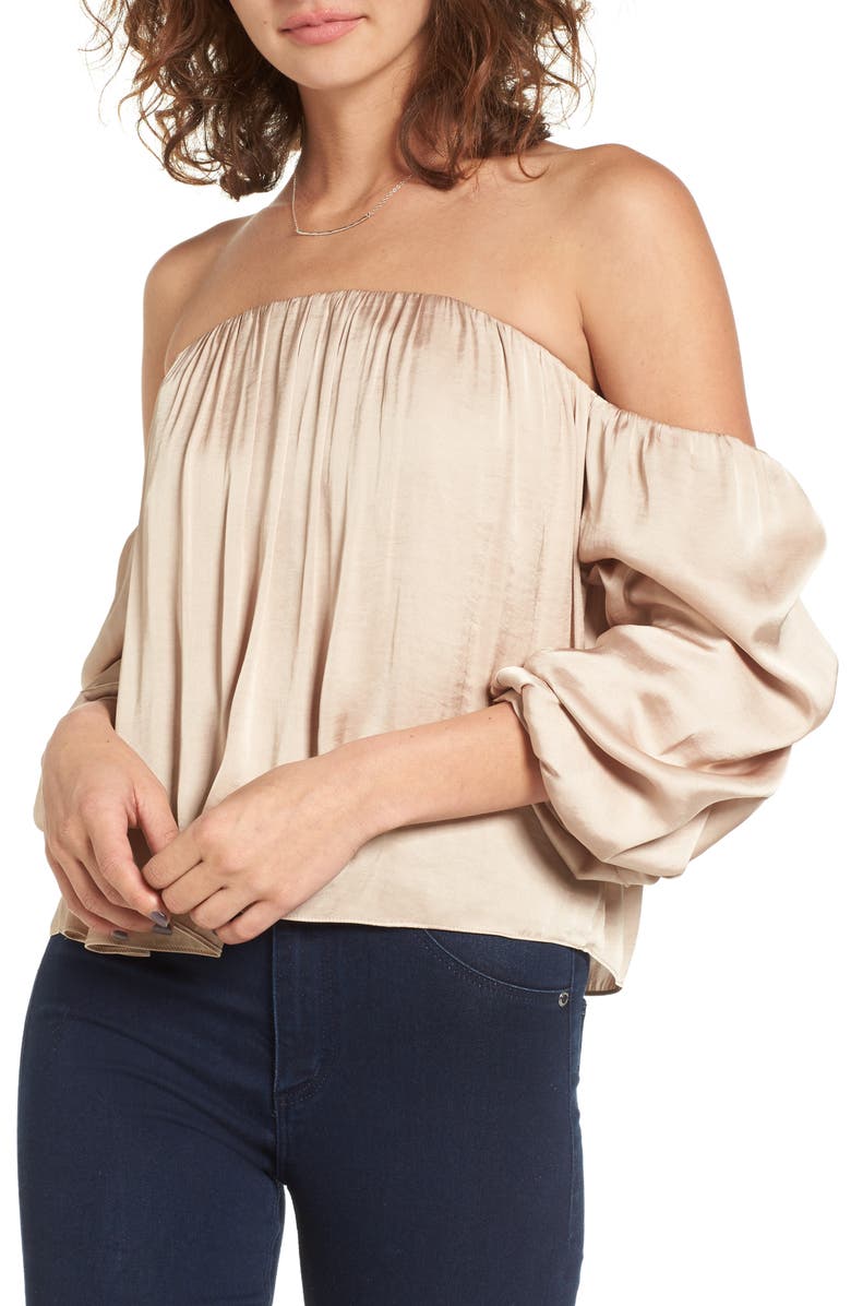 Leith Gathered Satin Off-the-Shoulder Top, Main, color,