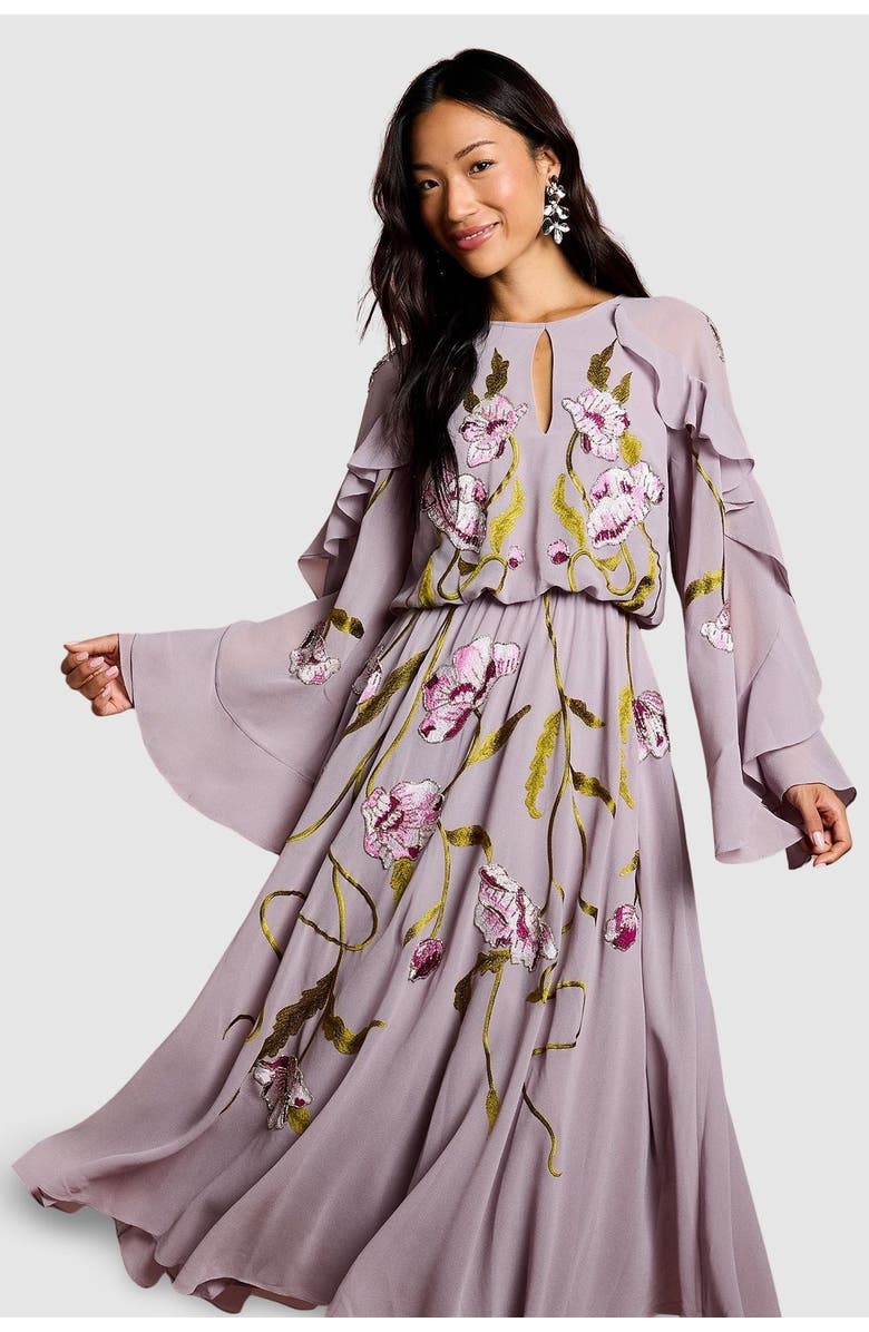 Coast Embroidered Tiered Chiffon Midi Dress, Alternate, color, Mauve
