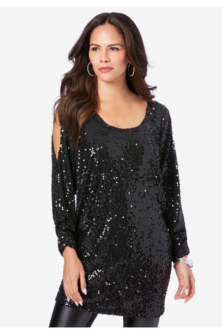 Cold Shoulder Sequin Tunic, Alternate, color, BLACK