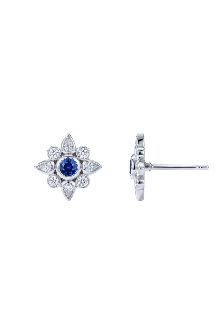Round Sapphire with Pear & Round Diamond Halo Bezel Studs, Alternate, color, Blue