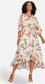 Yumi Floral Dip Hem Wrap Midi Dress