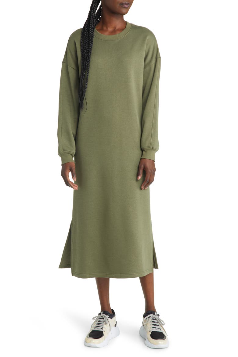 Long Sleeve Midi Sweatshirt Dress, Main, color, GREEN SORREL