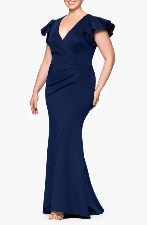 Xscape Evenings Ruffle Ruched Scuba Knit Gown