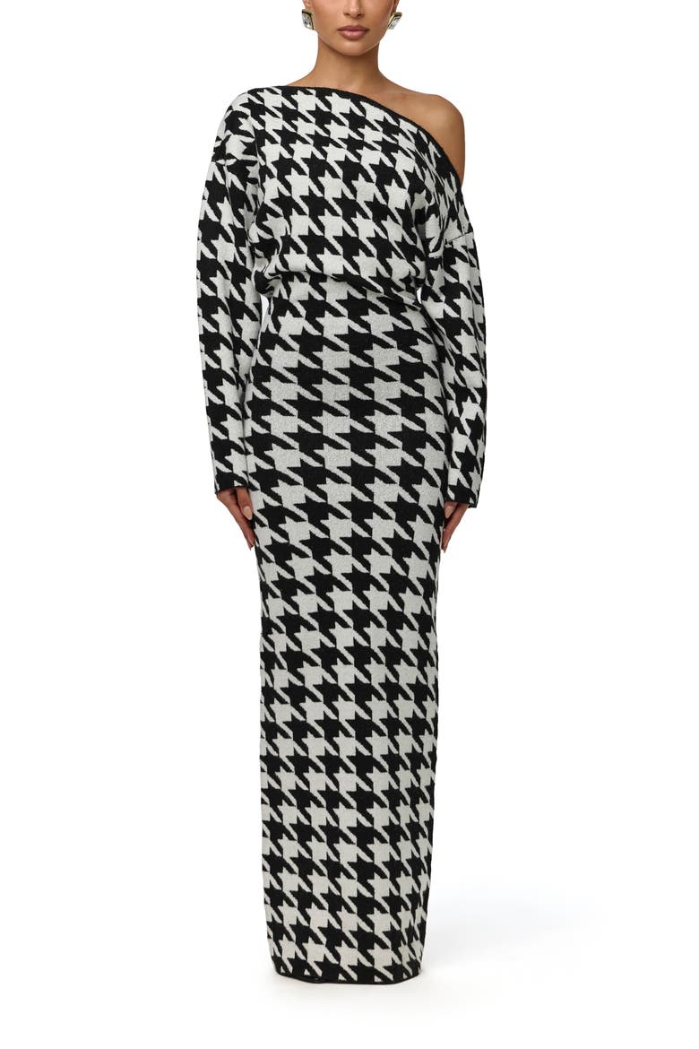 Off the Shoulder Houndstooth Sweater Maxi Dress, Main, color, HOUNDSTOOTH BLACK/WHITE