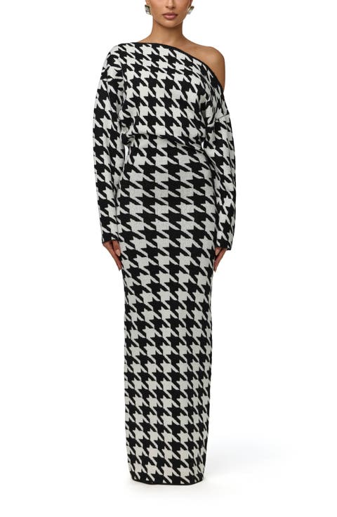 Off the Shoulder Houndstooth Sweater Maxi Dress