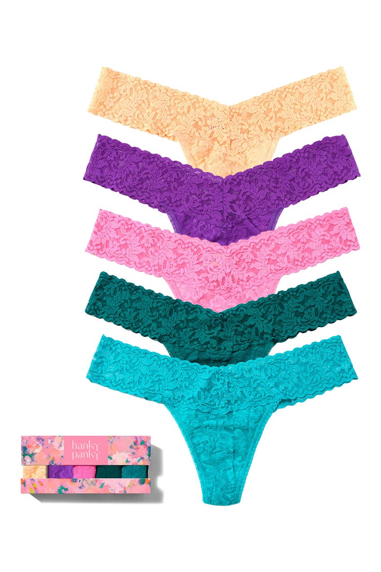 Assorted 5-Pack Lace Low Rise Thongs, Main, color, APRICOT/ VIOLET/ PINK/ TEAL