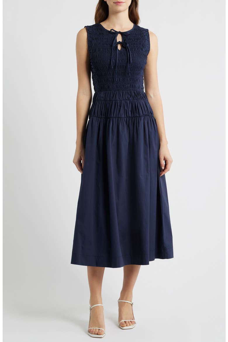 Tie Front Smock Waist Midi Dress, Main, color, NAVY