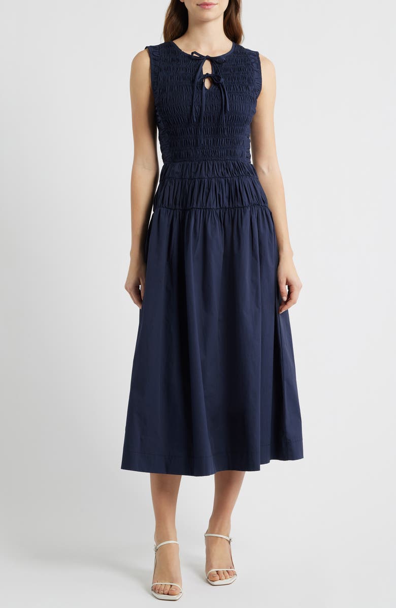 MOON RIVER Tie Front Smock Waist Midi Dress, Main, color, Navy