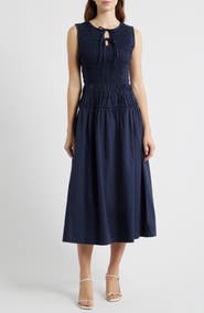 MOON RIVER Tie Front Smock Waist Midi Dress