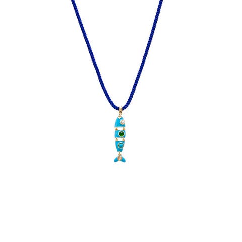 Turquoise Enamel Fish Pendant Rope Necklace