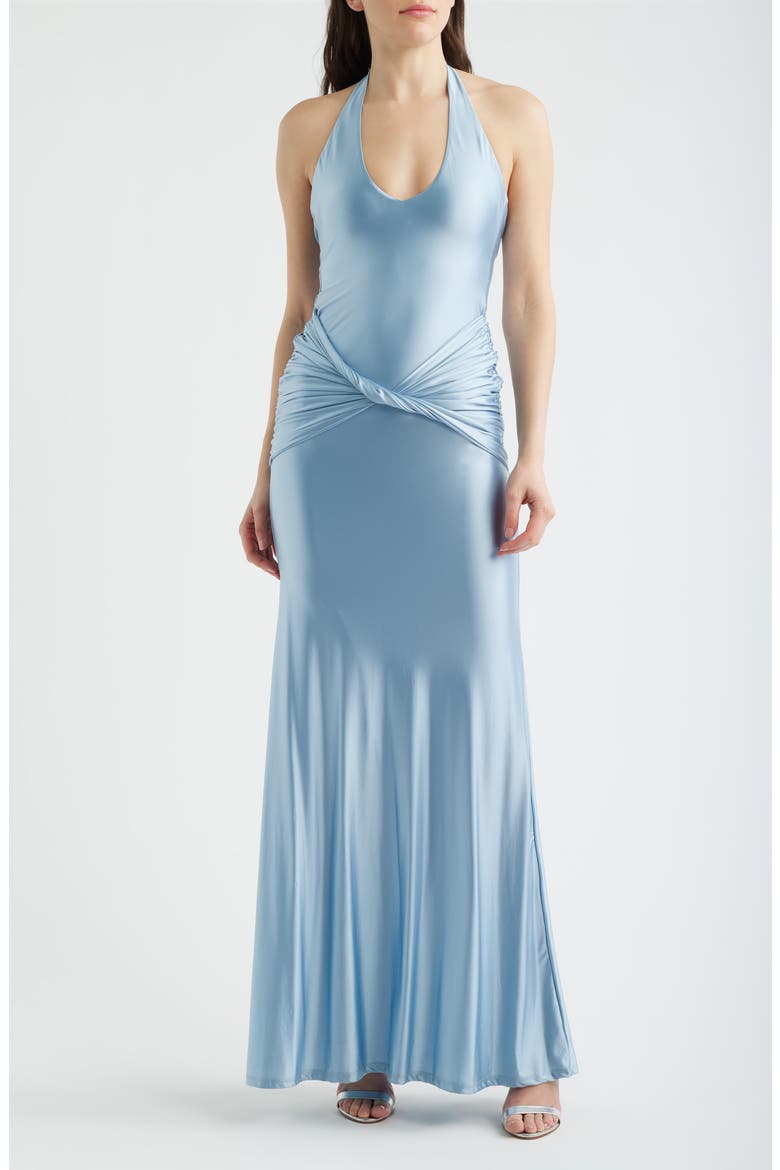 Soraya Halter Neck Satin Jersey Gown, Main, color, BABY BLUE