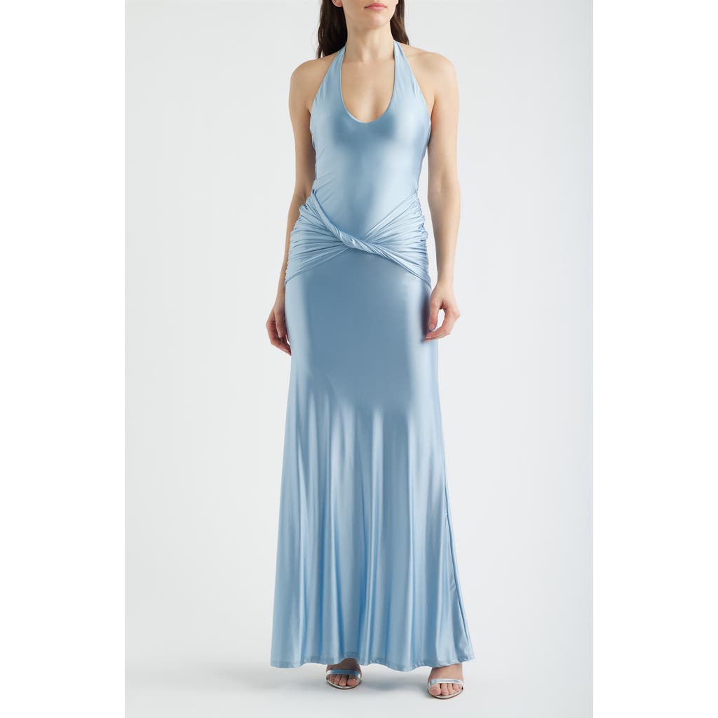 Delfi Collective Soraya Halter Neck Satin Jersey Gown in Baby Blue at Nordstrom, Size Medium