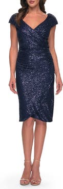La Femme Off the Shoulder Sequin Short Evening Dress with Ruching