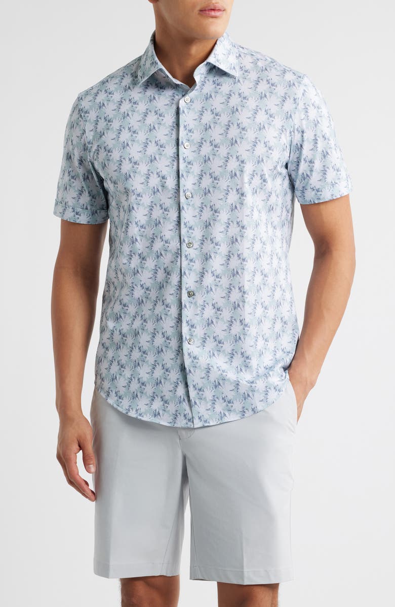 Bugatchi Myron OoohCotton<sup>®</sup> Palm Tree Print Short Sleeve Button-Up Shirt, Main, color, Mint