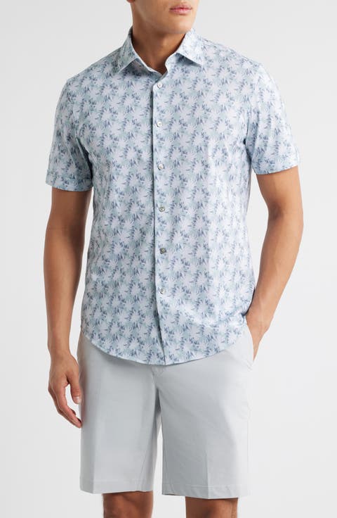 Myron OoohCotton® Palm Tree Print Short Sleeve Button-Up Shirt