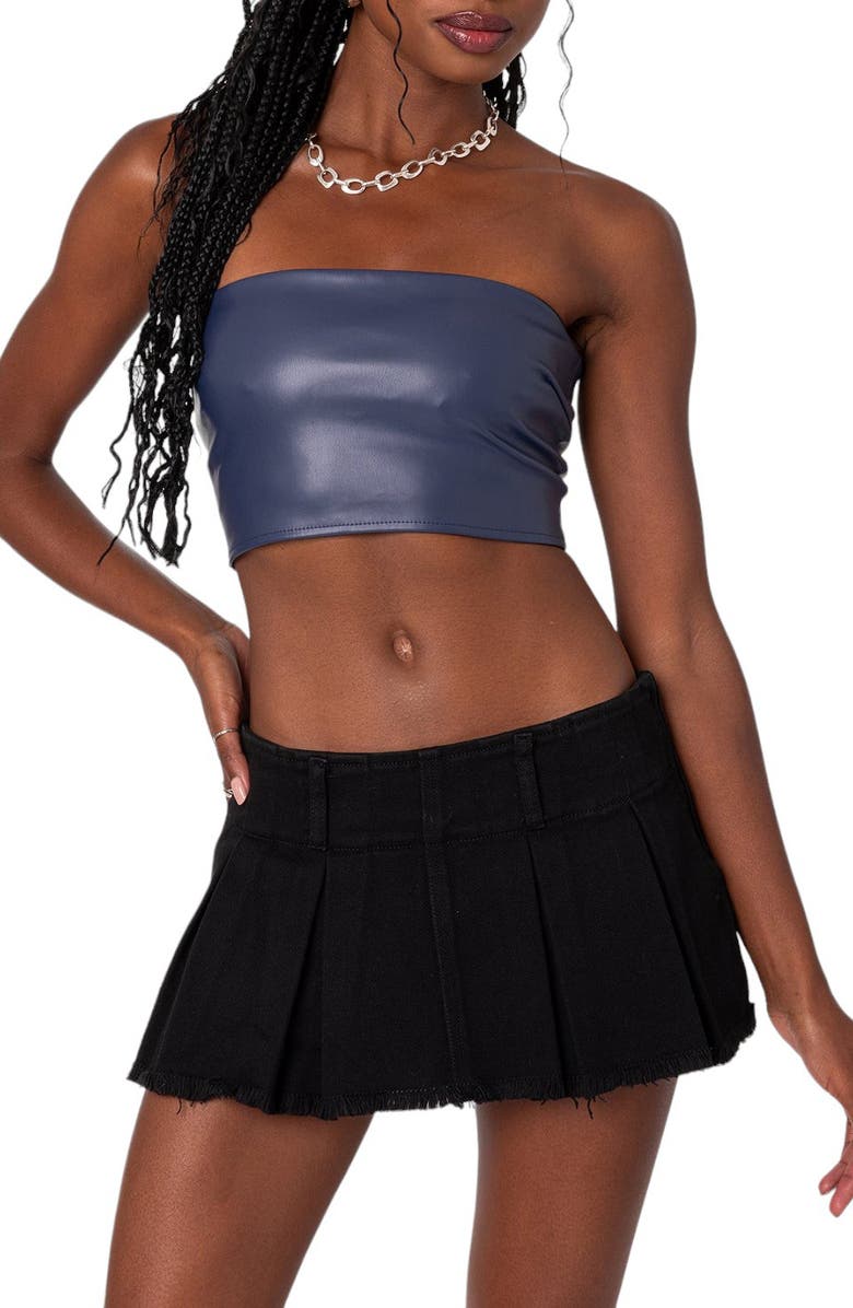 EDIKTED Mazie Lace-Up Faux Leather Crop Tube Top, Main, color, 
