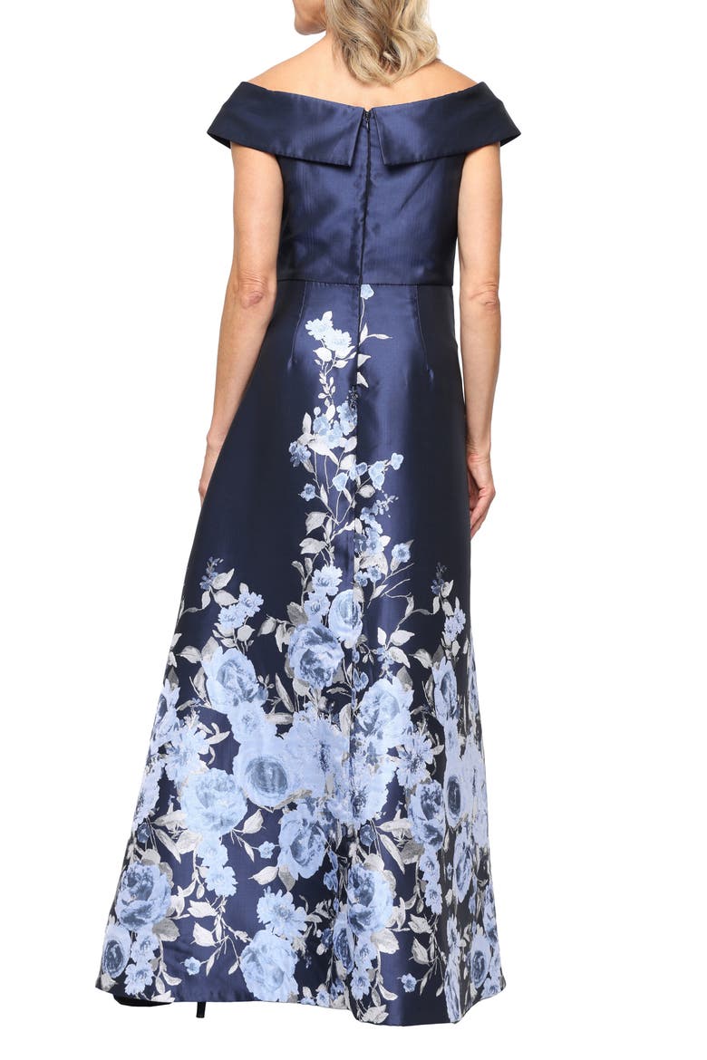 Print Off the Shoulder Gown, Alternate, color, NAVY MULTI