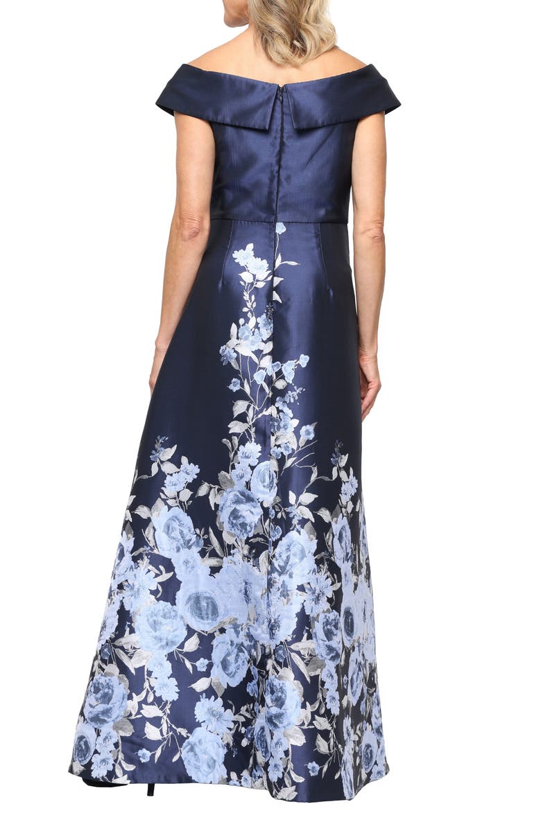 Alex Evenings Print Off the Shoulder Gown, Alternate, color, Navy Multi