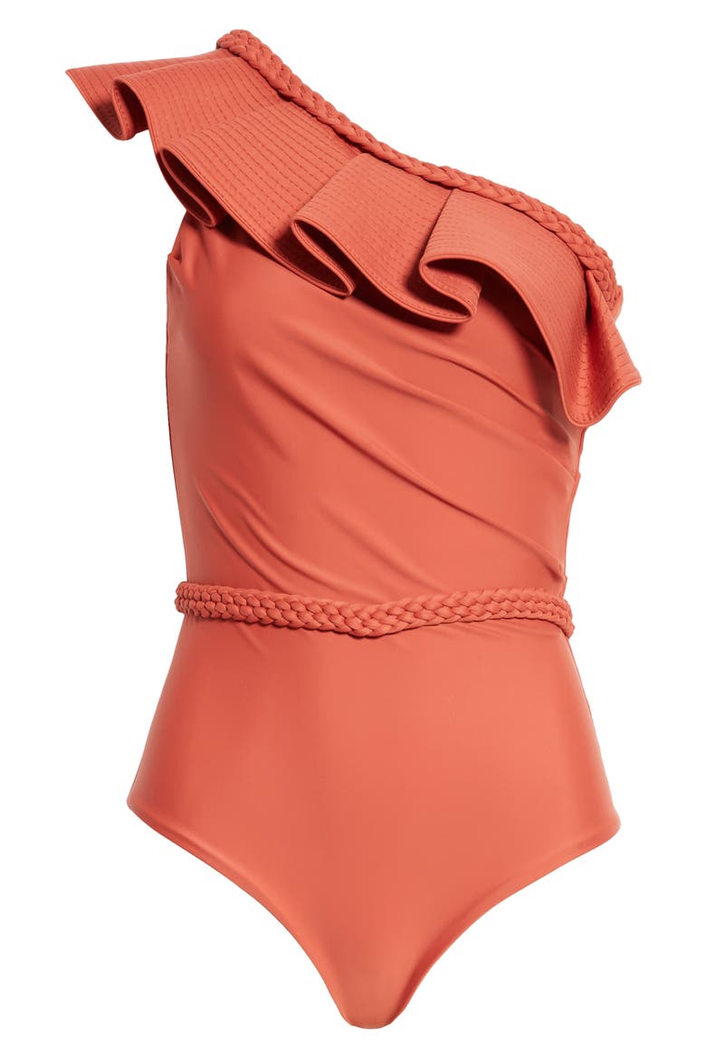 Ruffle One-Shoulder One-Piece Swimsuit, Alternate, color, PAPRIKA RED