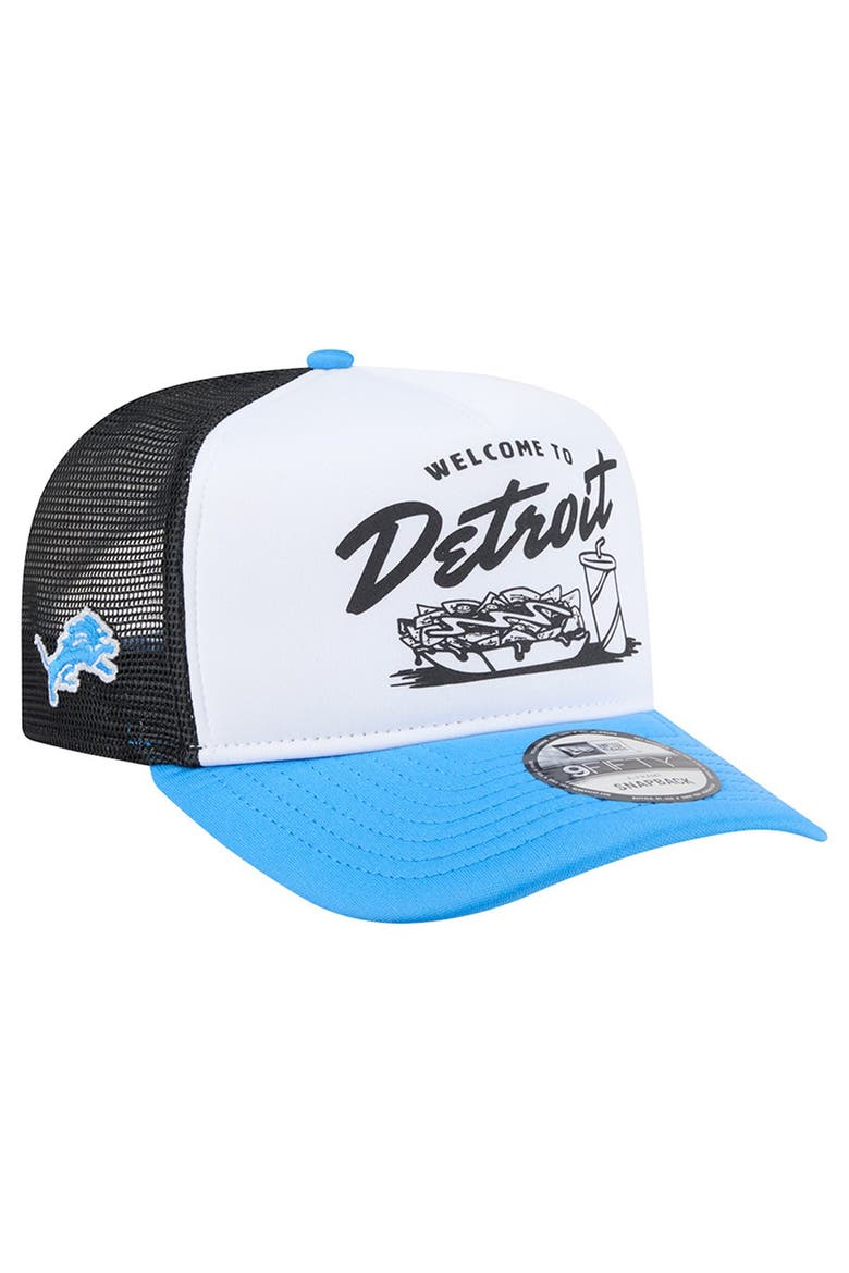 Men's New Era White/Blue Detroit Lions Foodie 9FIFTY A-Frame Trucker Snapback Hat, Main, color, White