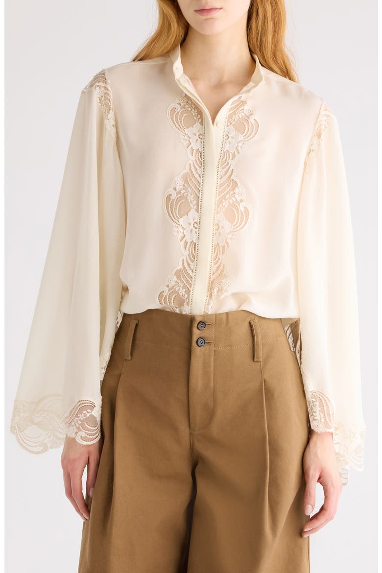 Silk Georgette & Lace Shirt, Main, color, PRISTINE WHITE