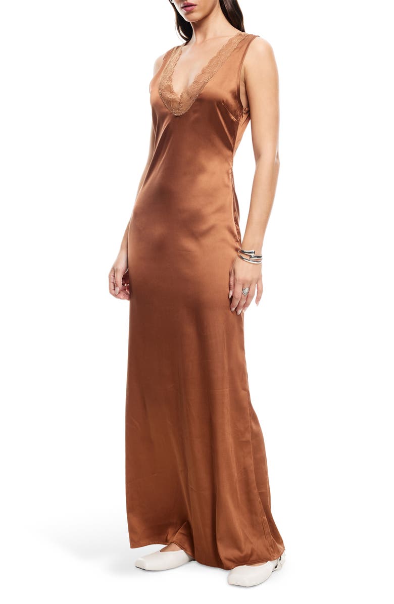 LIONESS Simi Lace Trim Satin Maxi Dress, Alternate, color, Umber