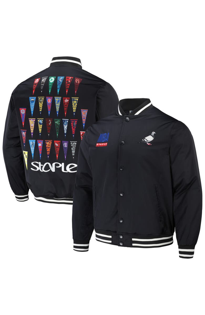 STAPLE Men's NBA x Staple Black All Teams Pennant Woven Full-Snap Jacket, Main, color, Black