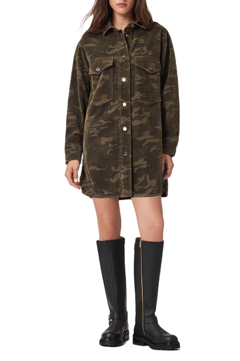 Faye Flocked Shirtdress, Alternate, color, CAMO GREEN