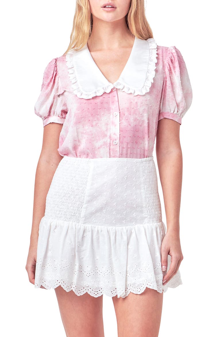 Tie Dye Swiss Dot Ruffle Collar Shirt, Main, color, PINK/ WHITE