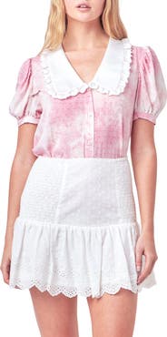 Free the Roses Tie Dye Swiss Dot Ruffle Collar Shirt
