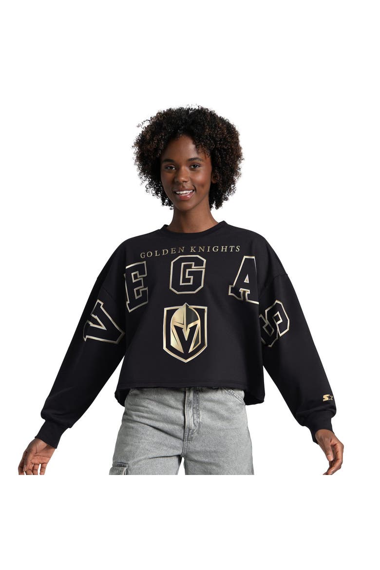 Women's Starter  Black Vegas Golden Knights Bleachers Cropped Drop Shoulder Sweatshirt, Main, color, Black